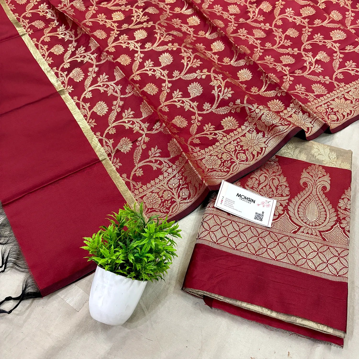 Beige and Maroon Kalgha Laheriya Banarasi Silk Suit