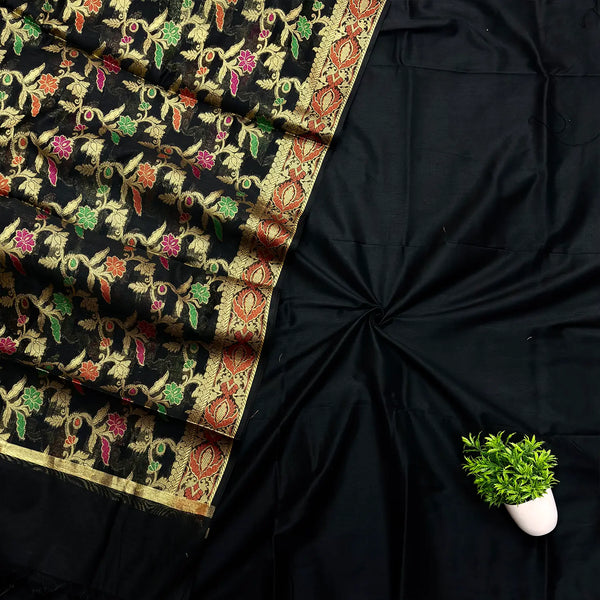 Black Plain Banarasi Silk Suit With Meenakari Dupatta