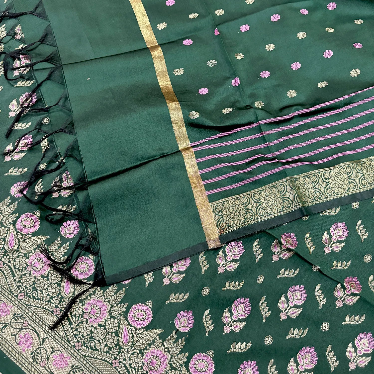 Bottle Green Golden Zari Satin Silk Banarasi Suit