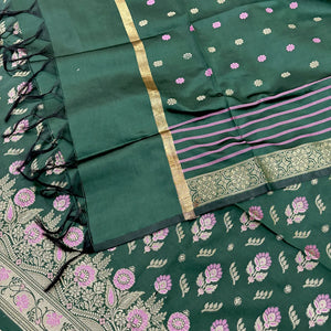 Bottle Green Golden Zari Satin Silk Banarasi Suit
