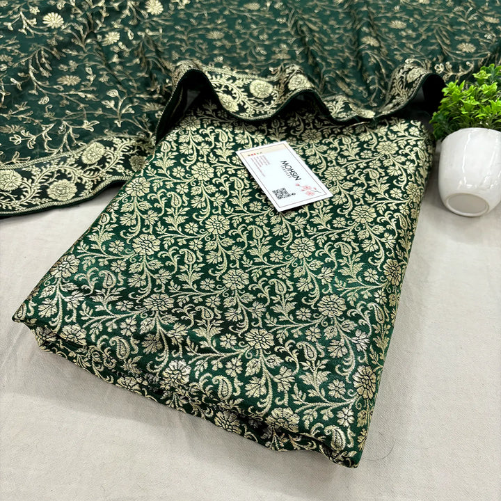 Bottle Green Golden Zari Kimkhab Silk Banarasi Gharara