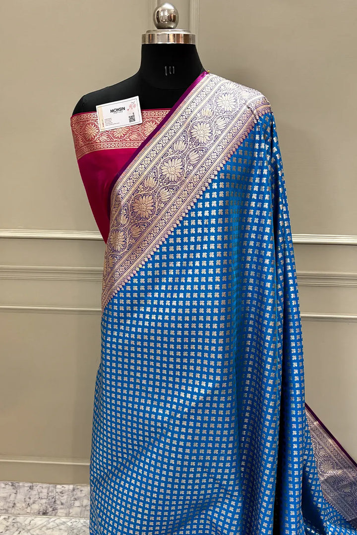 Firozi and Pink Chidi Buti Katan Silk Banarasi Saree