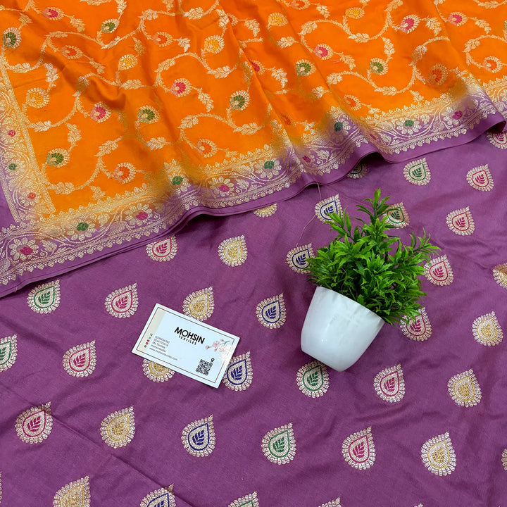 Lavender and Orange Golden Zari Katan Silk Banarasi Suit