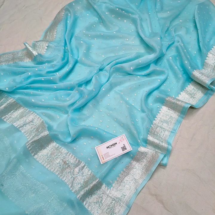 Light Firozi Chunri Georgette Silk Banarasi Dupatta