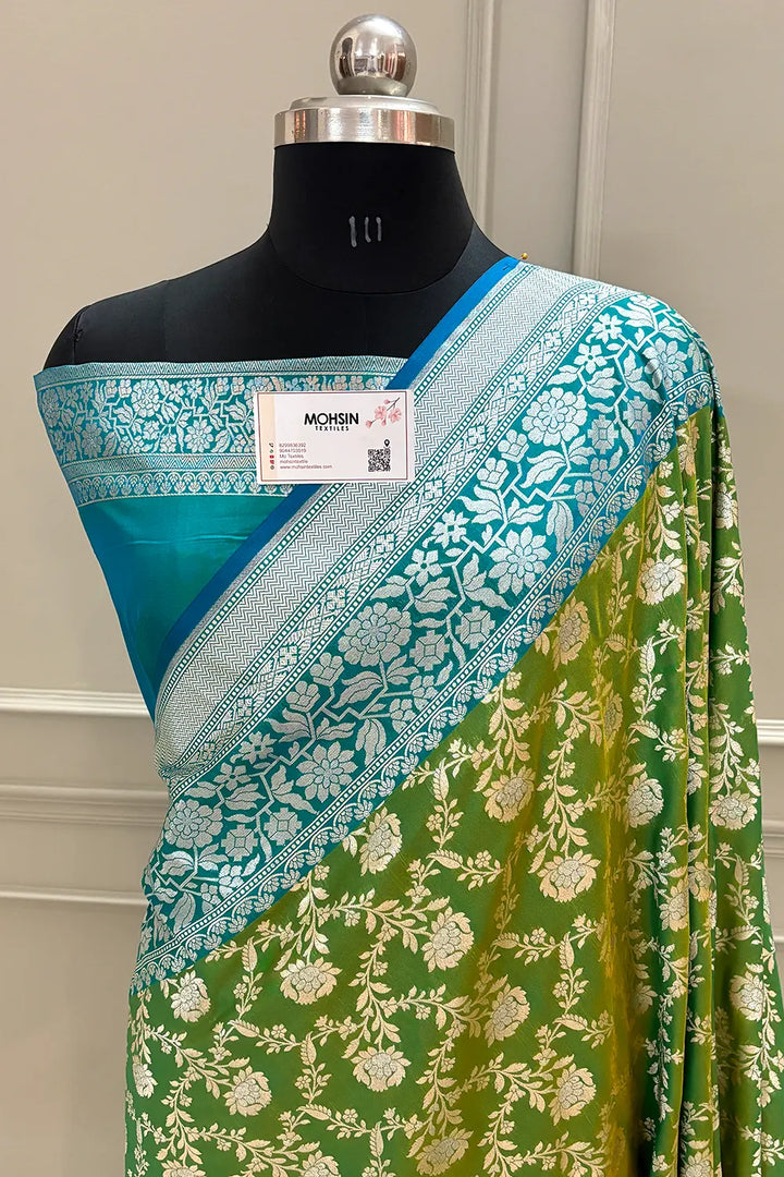 Mehendi and Teal Maharani Jaal Crepe Silk Banarasi Saree