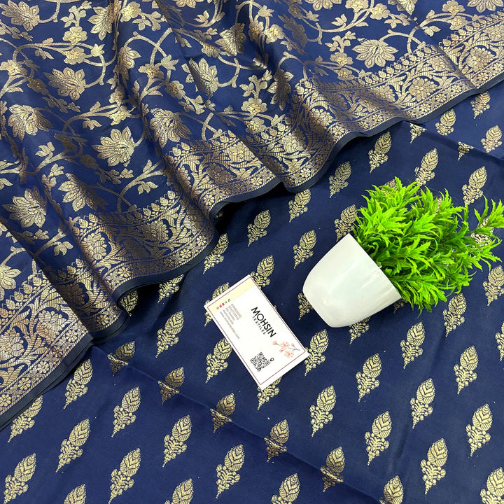 Navy Blue Parvat Buti Satin Silk Banarasi Suit