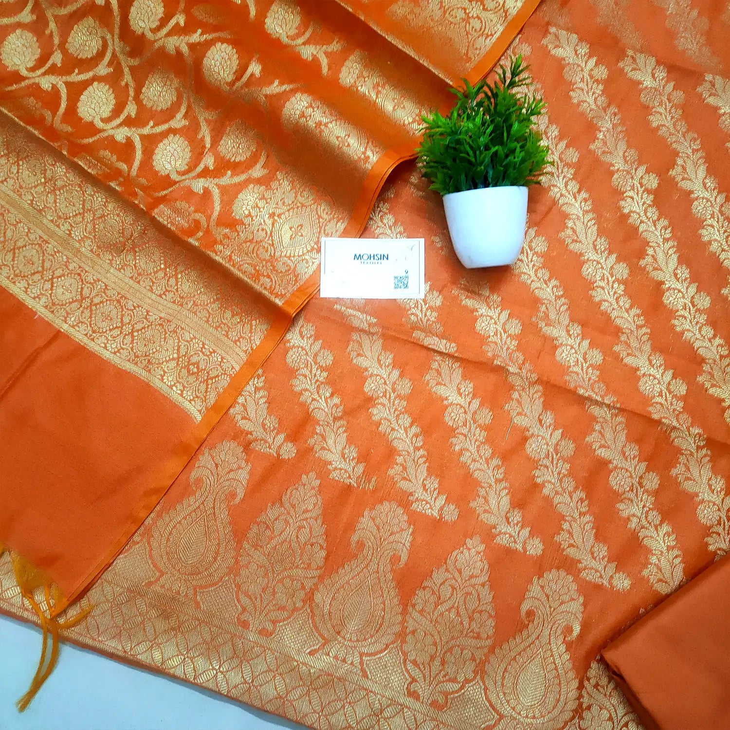 Orange Golden Zari Banarasi Silk Suit