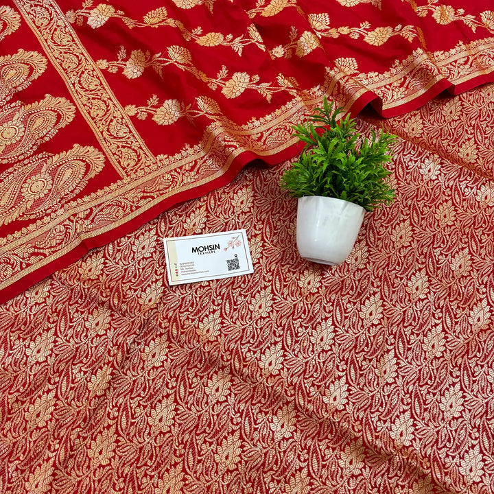 Red Golden Zari Katan Silk Banarasi Suit