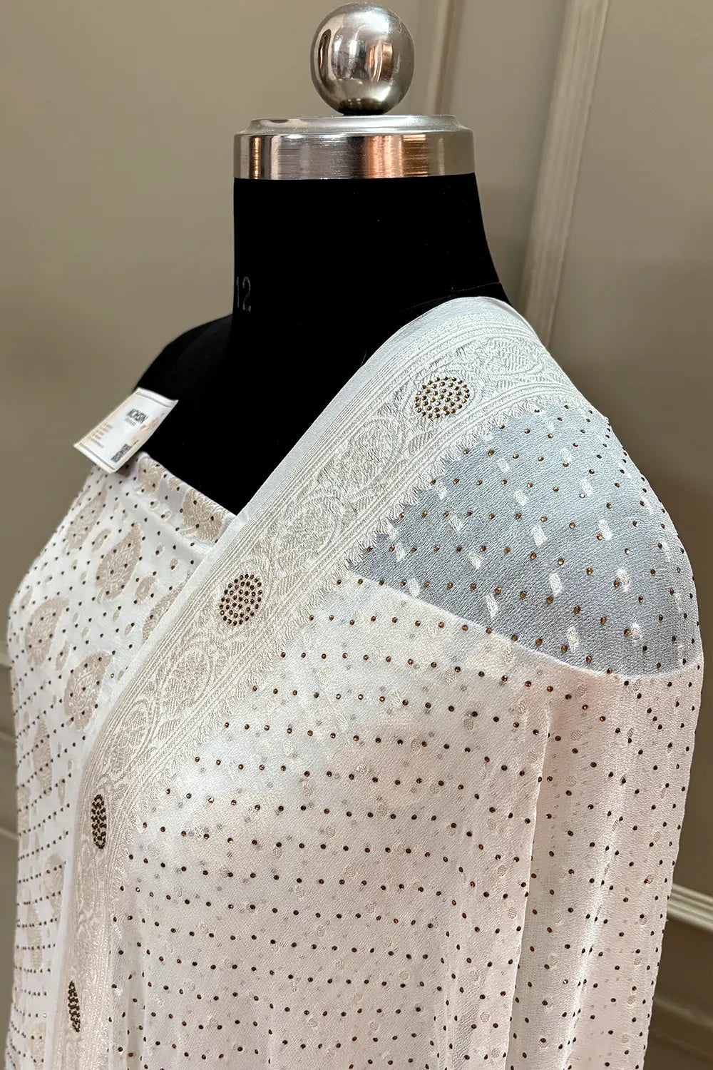 White Patta Siroski Stone Georgette Silk Banarasi Suit