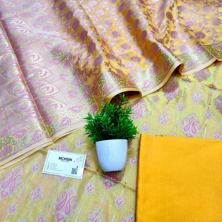 Yellow Pink Meena Katan Silk Banarasi Suit