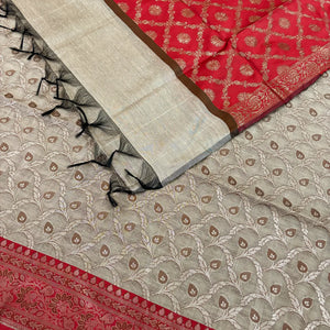 Beige and Red Patti Jaal Banarasi Silk Suit