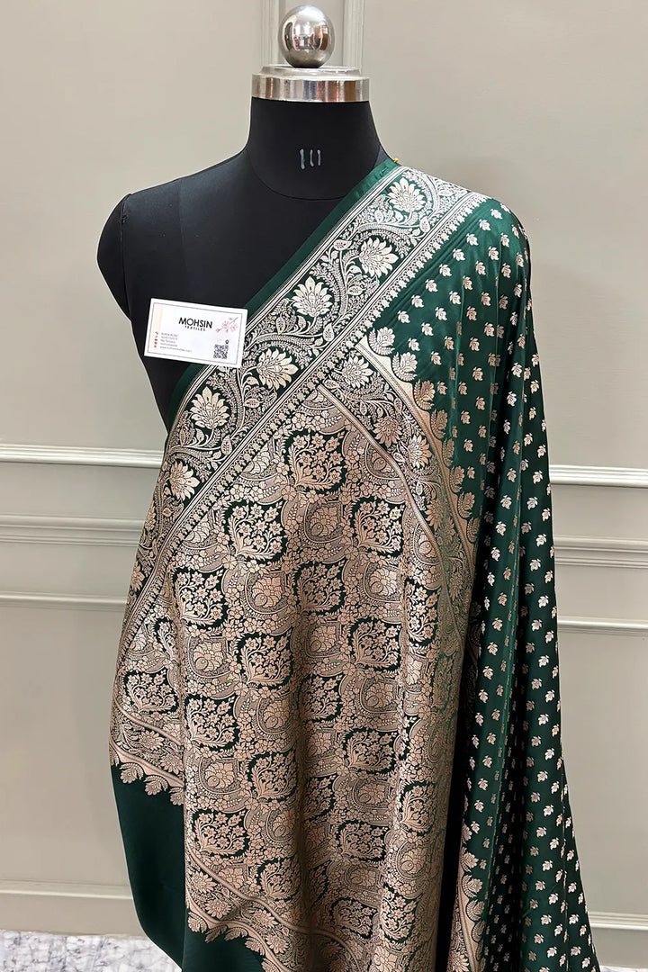 Bottle Green Chunni Buti Katan Silk Banarasi Saree