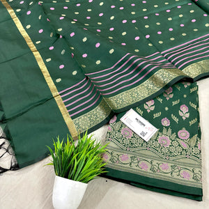 Bottle Green Golden Zari Satin Silk Banarasi Suit