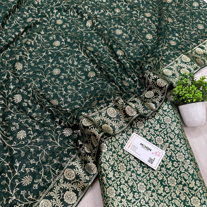 Bottle Green Golden Zari Kimkhab Silk Banarasi Gharara