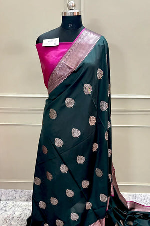 Bottle Green and Pink Golden Zari Banarasi Silk Saree