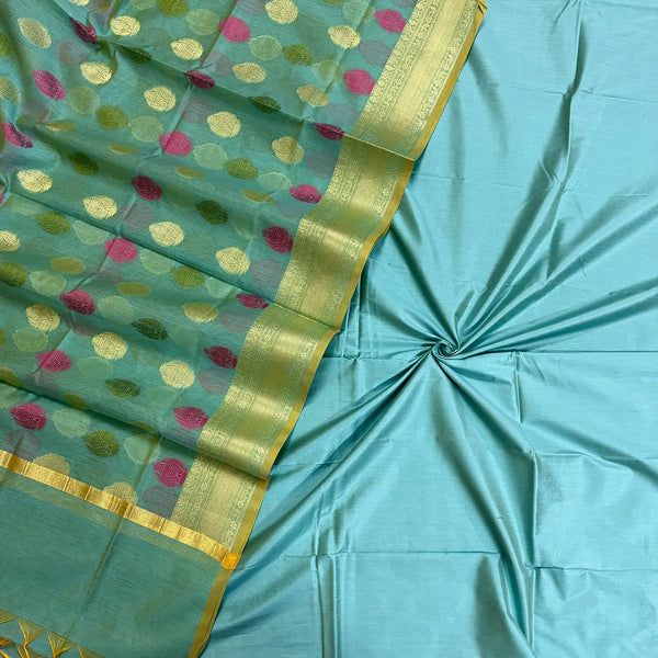 Firozi Plain Banarasi Silk Suit With Buti Dupatta