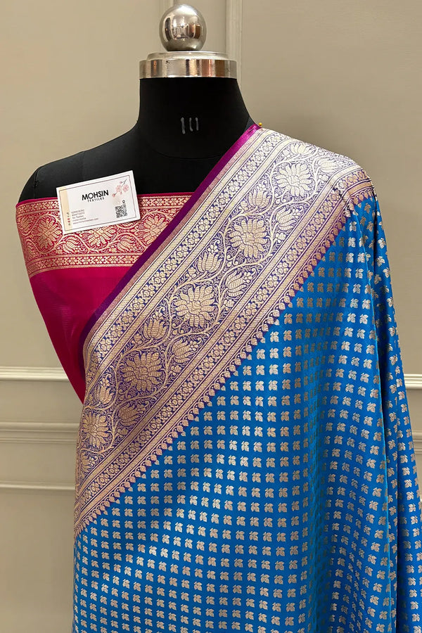 Firozi and Pink Chidi Buti Katan Silk Banarasi Saree