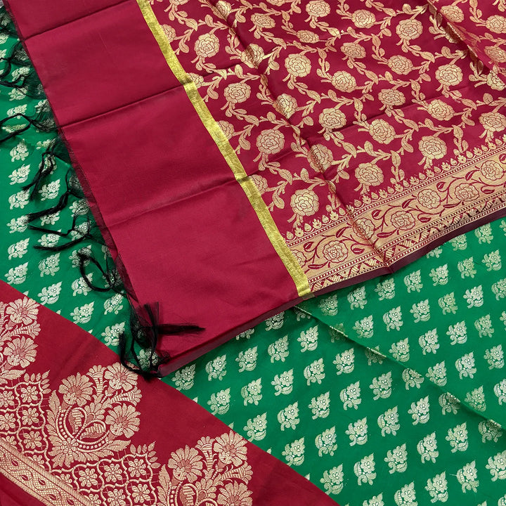 Green and Maroon Podha Satin Silk Banarasi Suit