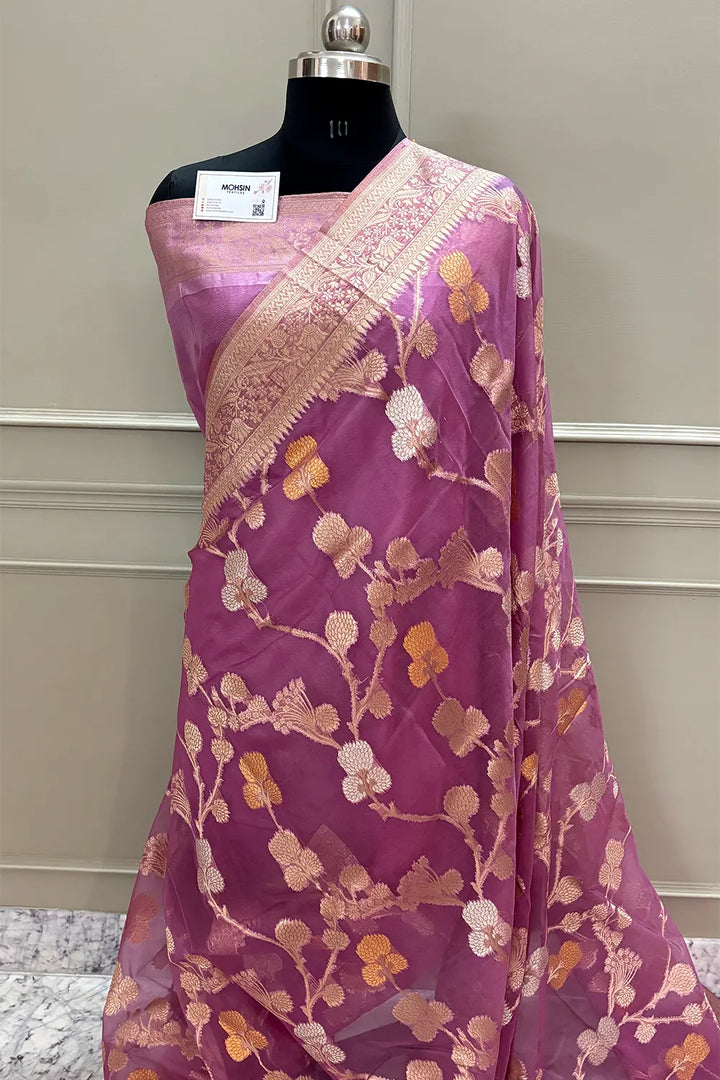 Lavender Golden Zari Organza Silk Banarasi Saree