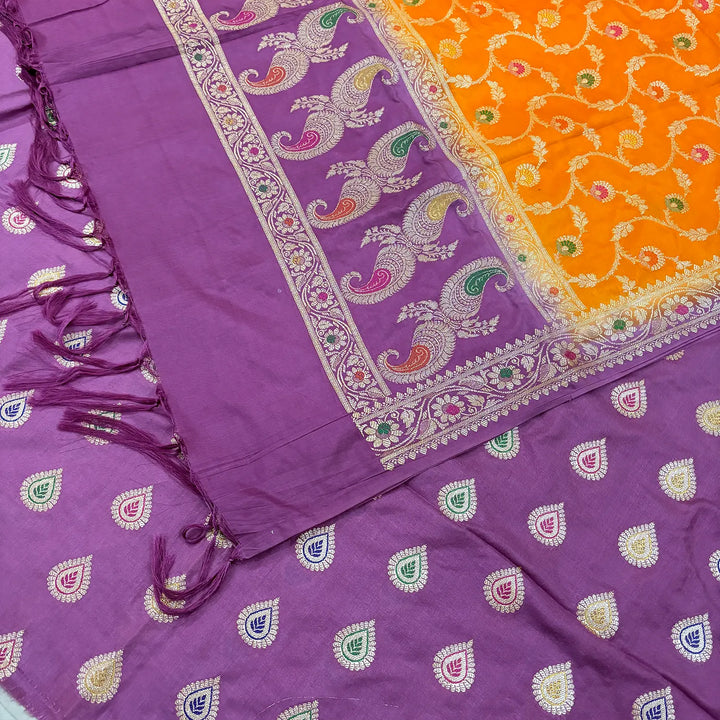 Lavender and Orange Golden Zari Katan Silk Banarasi Suit