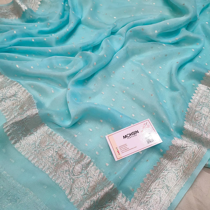 Light Firozi Chunri Georgette Silk Banarasi Dupatta