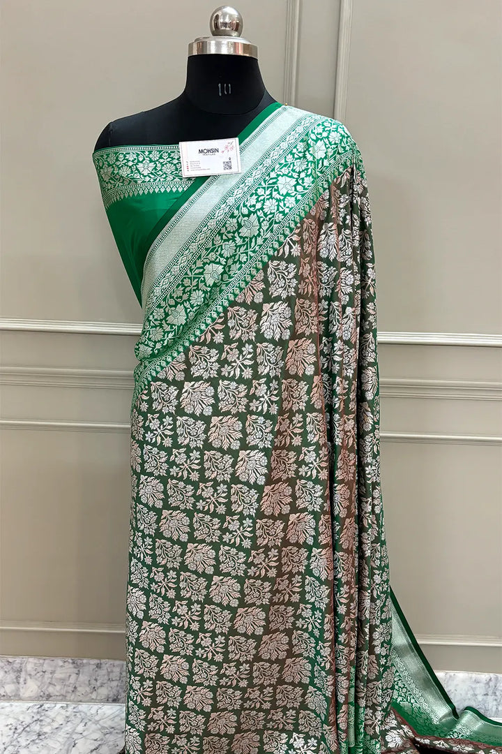 Light Green and Green Temple Buta Katan Silk Banarasi Saree