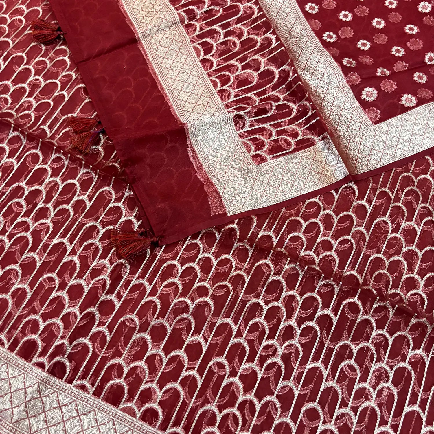 Maroon Cactus Jaal Organza Silk Banarasi Suit