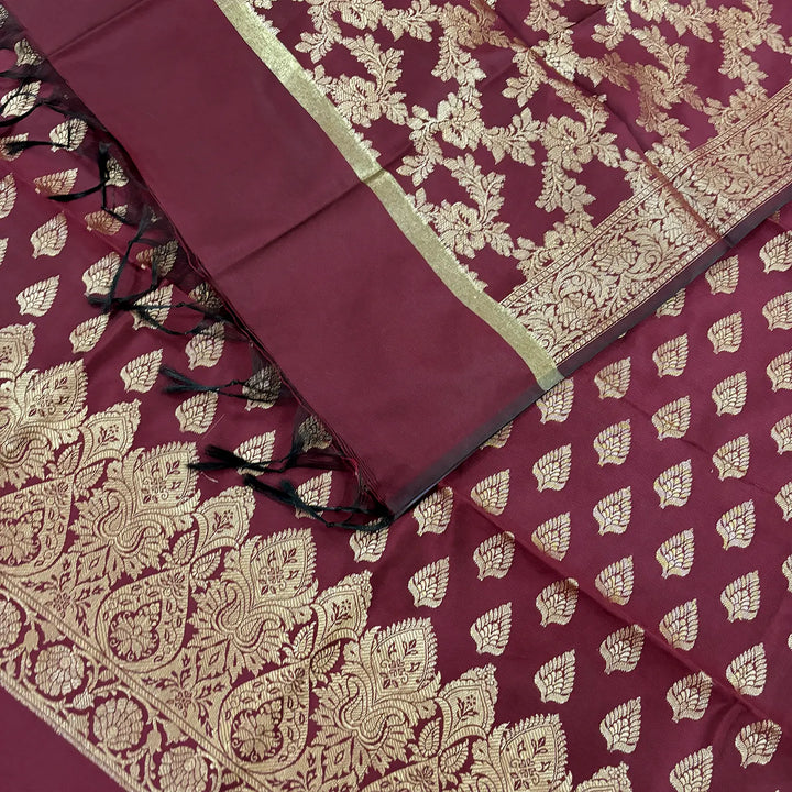 Maroon Xmas Tree Satin Silk Banarasi Suit