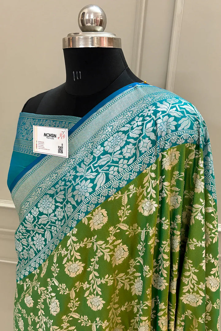 Mehendi and Teal Maharani Jaal Crepe Silk Banarasi Saree