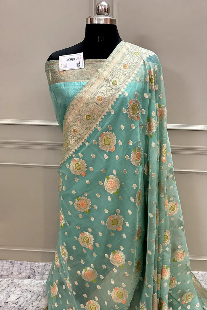 Mint Green Golden Zari Organza Silk Banarasi Saree