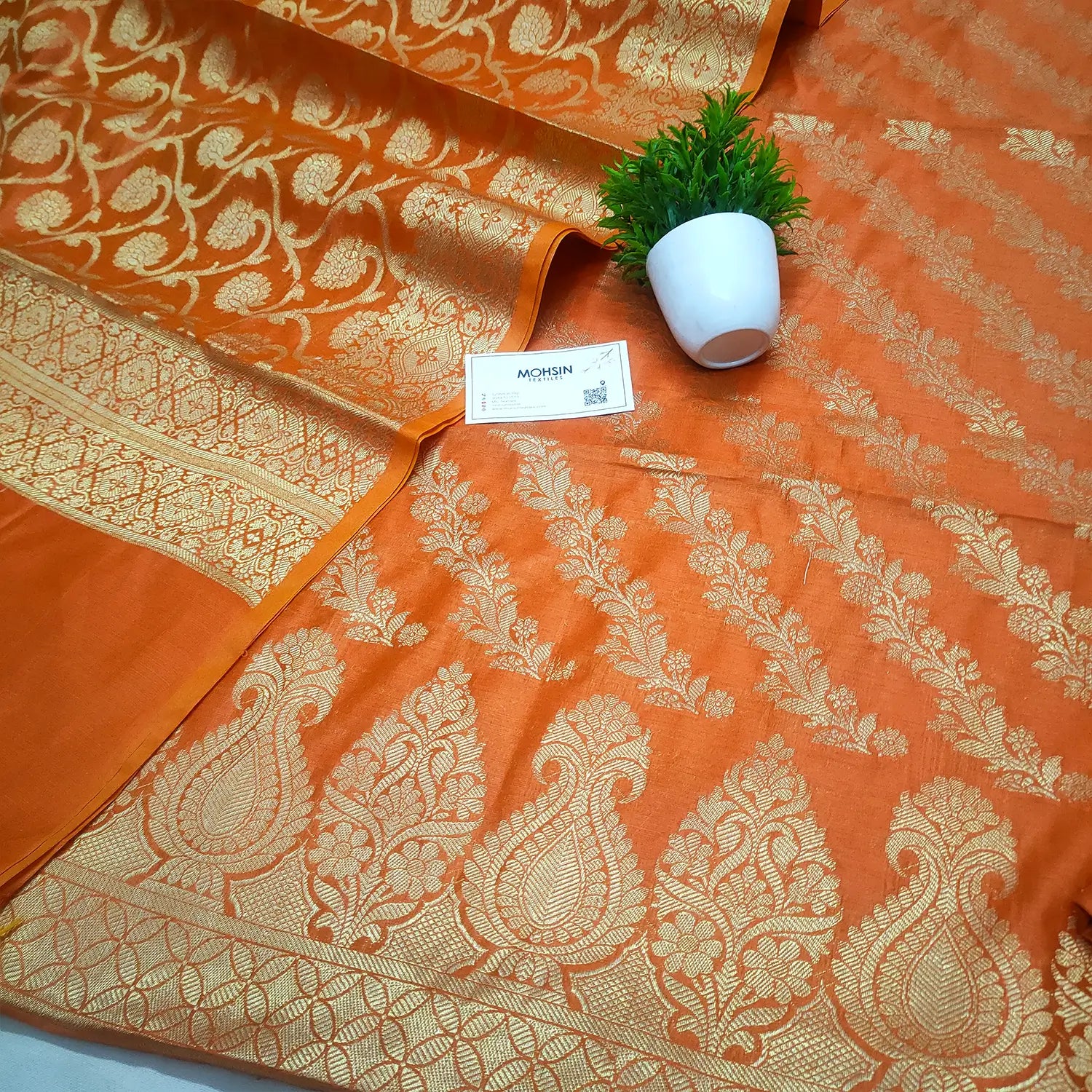 Orange Golden Zari Banarasi Silk Suit