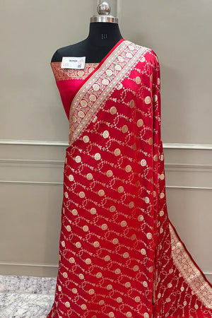 Pinkish Red Ropeway Jaal Katan Silk Banarasi Saree