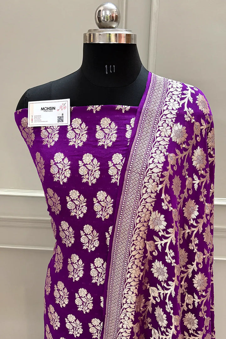 Purple Guldasta Pure Georgette Silk Banarasi Suit