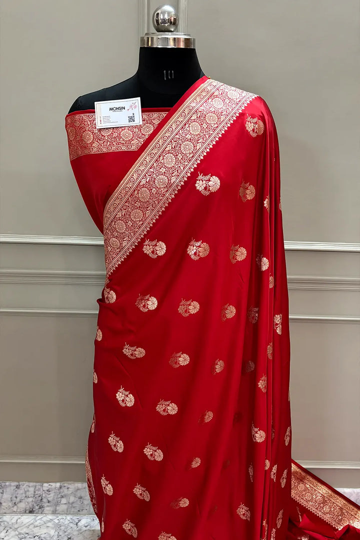 Red Golden Flower Katan Silk Banarasi Saree