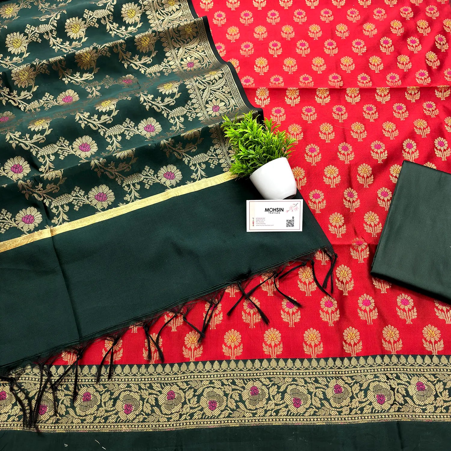43 Red and Bottle Green Contrass Satin Silk Banarasi Suit