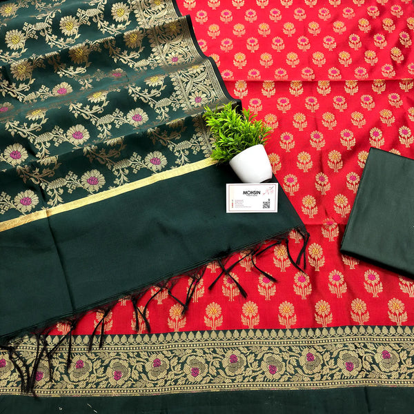Red and Bottle Green Contrass Satin Silk Banarasi Suit