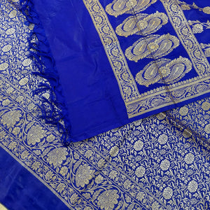 Royal Blue Golden Zari Katan Silk Banarasi Suit