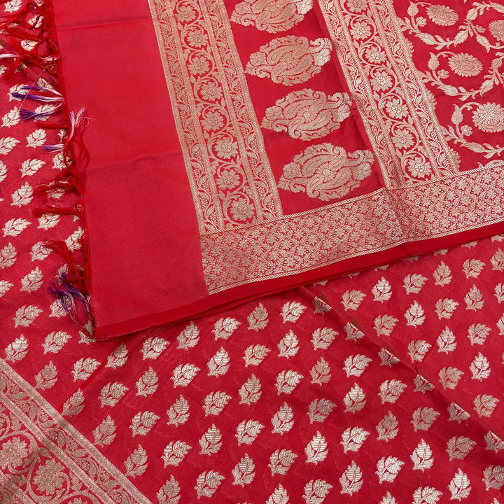 Strawberry Pink Tedhi Patti Katan Silk Banarasi Suit