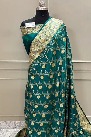Teal Green Bhawar Jaal Satin Silk Banarasi Saree