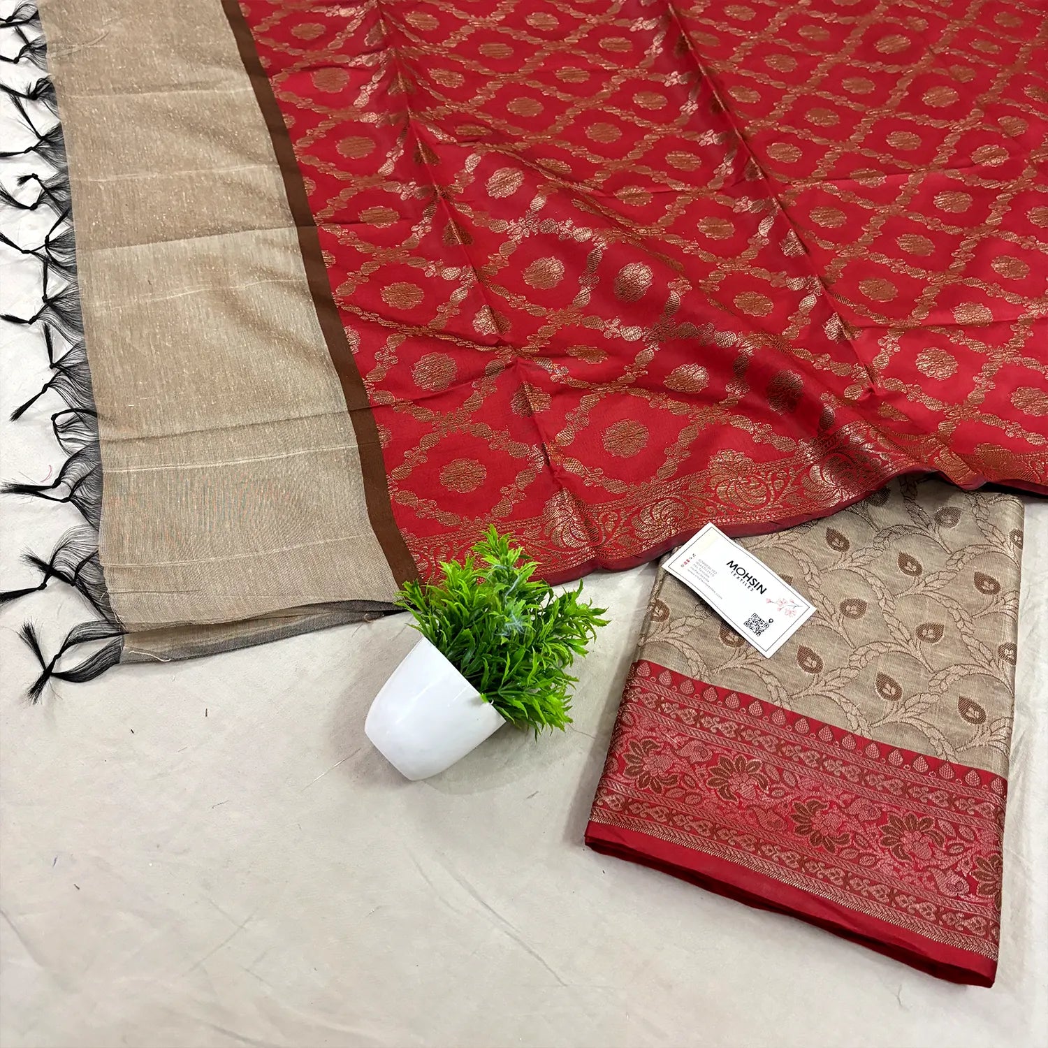 Beige and Red Patti Jaal Banarasi Silk Suit