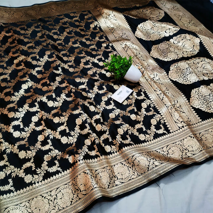 Black Moglai Jaal Katan Silk Banarasi Saree