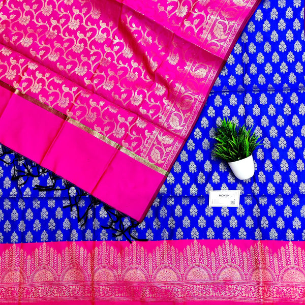 Blue and Pink Frozen Tree Satin Silk Banarasi Suit