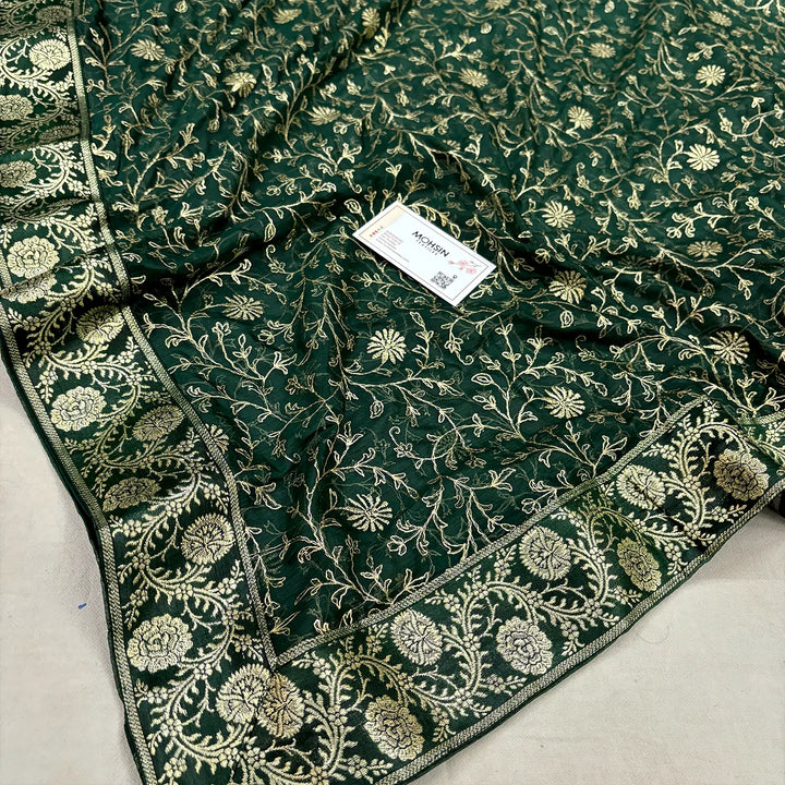 Bottle Green Golden Zari Kimkhab Silk Banarasi Gharara