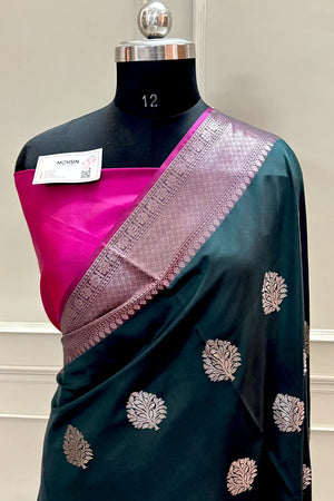 Bottle Green and Pink Golden Zari Banarasi Silk Saree