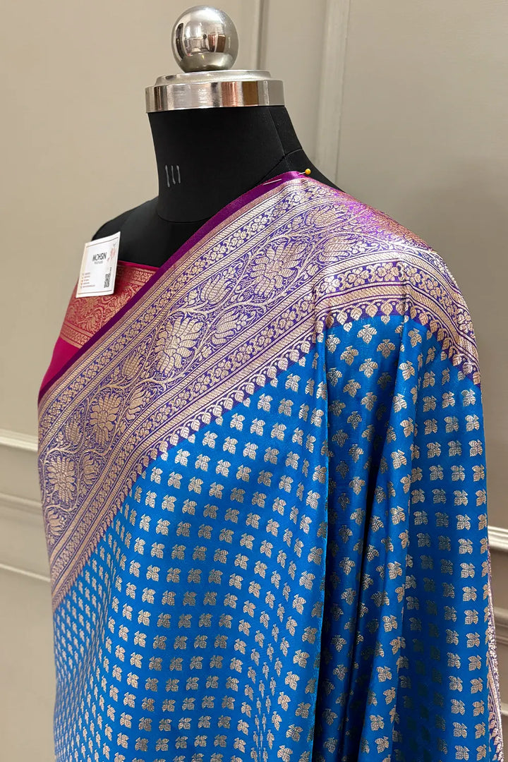 Firozi and Pink Chidi Buti Katan Silk Banarasi Saree