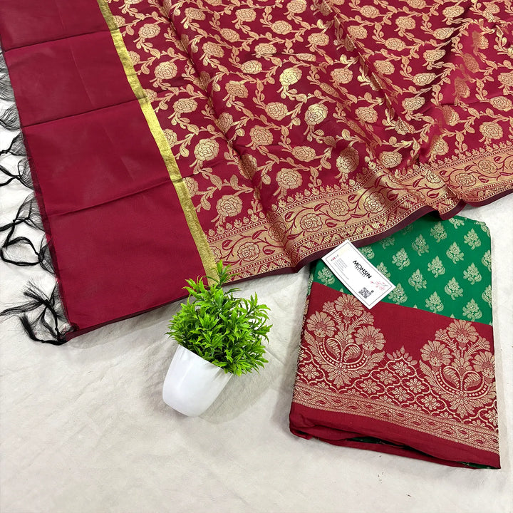 Green and Maroon Podha Satin Silk Banarasi Suit