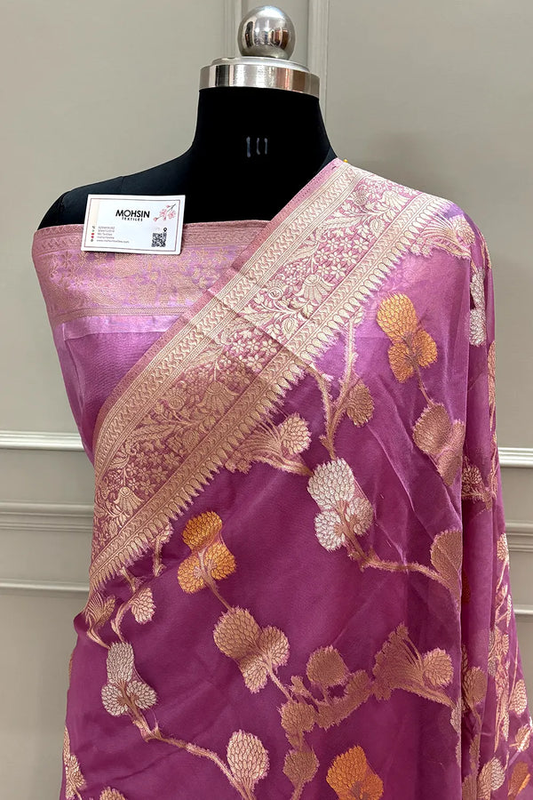 Lavender Golden Zari Organza Silk Banarasi Saree