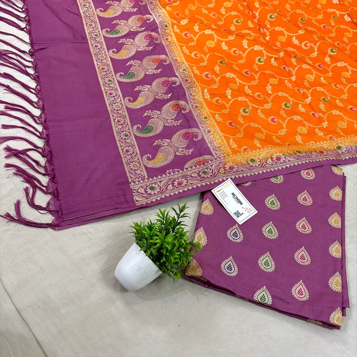 Lavender and Orange Golden Zari Katan Silk Banarasi Suit