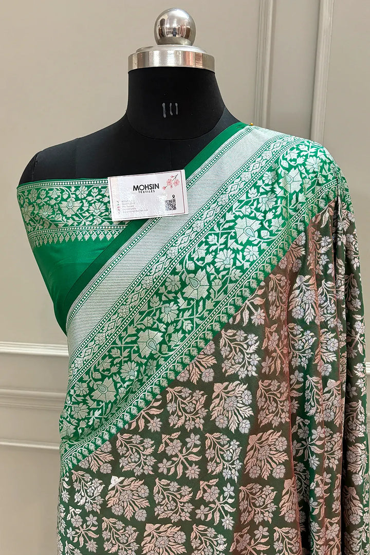 Light Green and Green Temple Buta Katan Silk Banarasi Saree