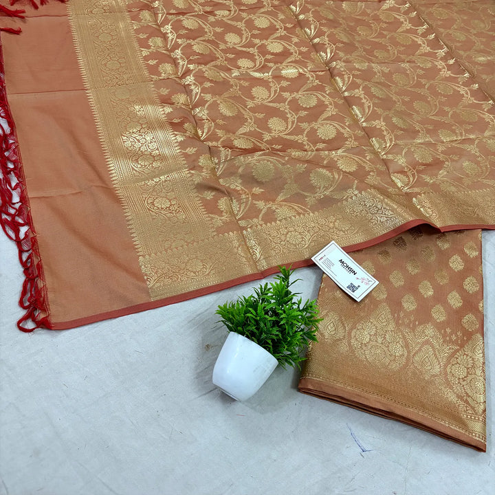 Light Peach Singhasan Buti Satin Silk Banarasi Suit